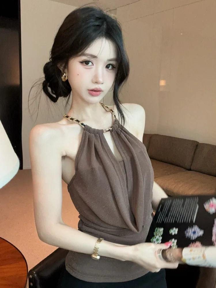 

Spicy Girl Design Sensual Slim Fit Fake Two-Piece Strap Vest Women Summer Outdoor Wear Short Sleeveless Neck Hanging Top