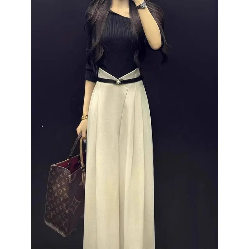 

Womens Two Peice Sets Spring New High-end Advanced Temperature Designed Simple Slim-fitting Top and Draped Wide-leg Trousers