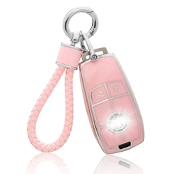 for Merceds Key Fob Cover with Keychain, Pink Soft TPU Key Case Protection Shell Fit for A-Class C-Class G-Class 2017-2020 E-Cla