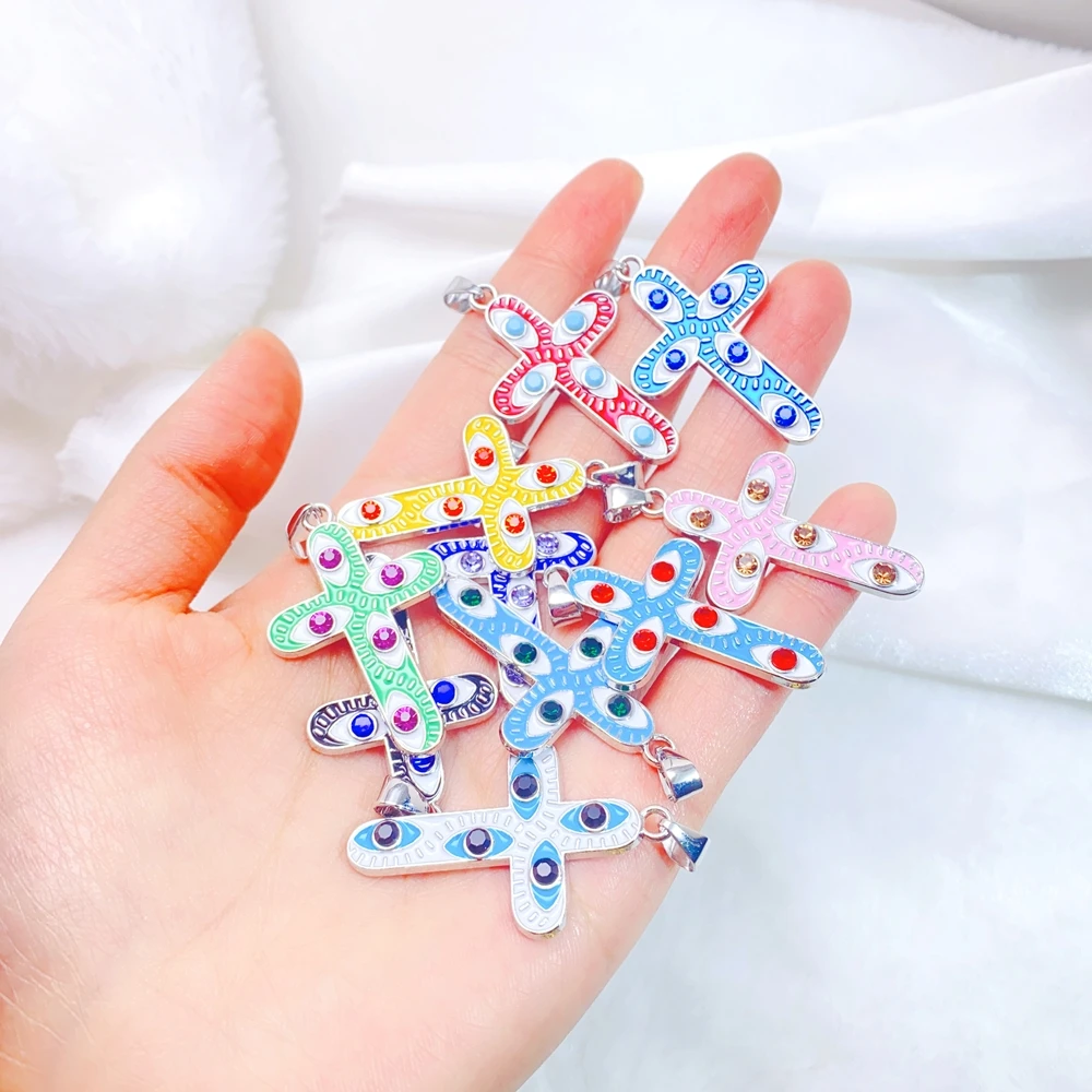 Juya 18K Gold Silver Plated Colorful Enamel Crosses Charms For DIY Religious Rosary Greek Evil Eye Pendants Jewelry Making