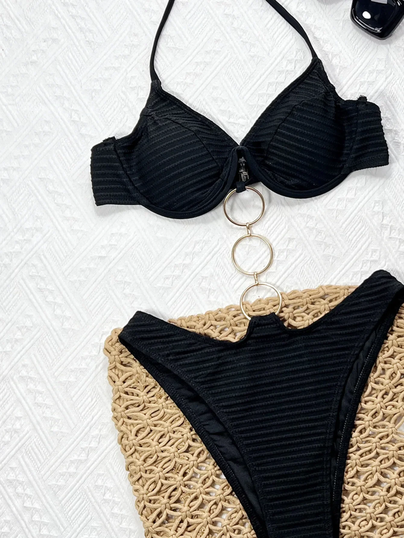 Traje de baño Mujer Color sólido Traje de baño con cordones Anillo de metal Conjunto de bikini sexy Cintura alta m