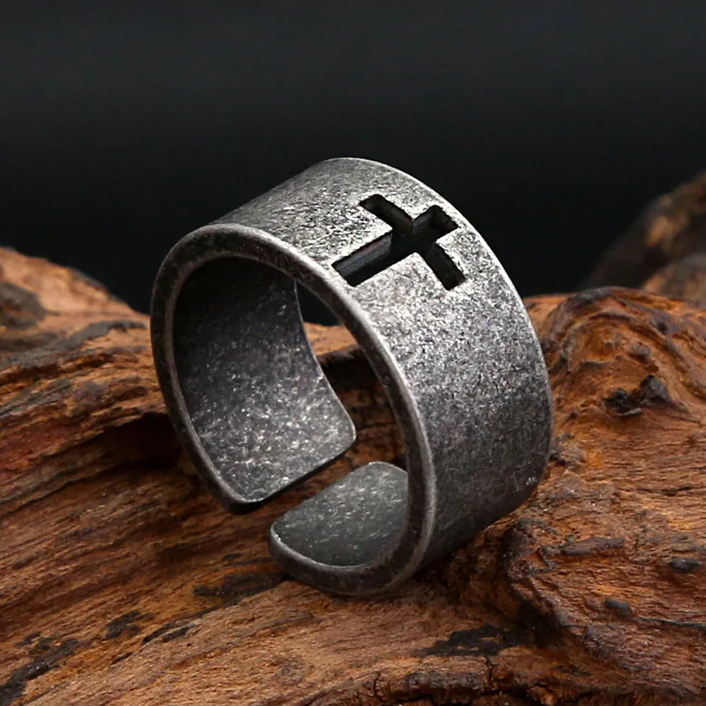 Retro Simple Hollow Cross Stainless Steel Open Ring Distressed Textured Wide Band Ring Unisex Party Stylish Accessory Gift