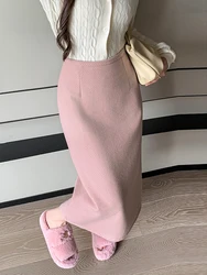 Solid Woolen Winter Long Skirt Women Fashion Korean High Waist Bodycon Office Skirts Elegant Wrap Brown Black Pink Jupe Longue