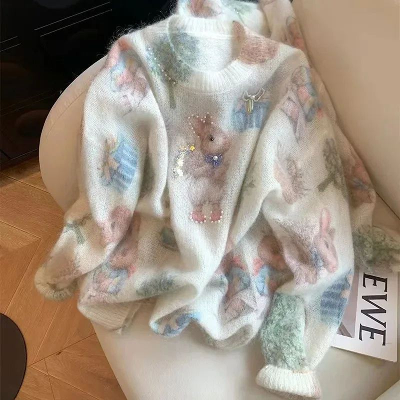 

Модный свитер с принтом кролика и бисером, женский, осенне-зимний, новый, мягкий, элегантный дизайн, вязаный топ, роскошный свитер с пайетками