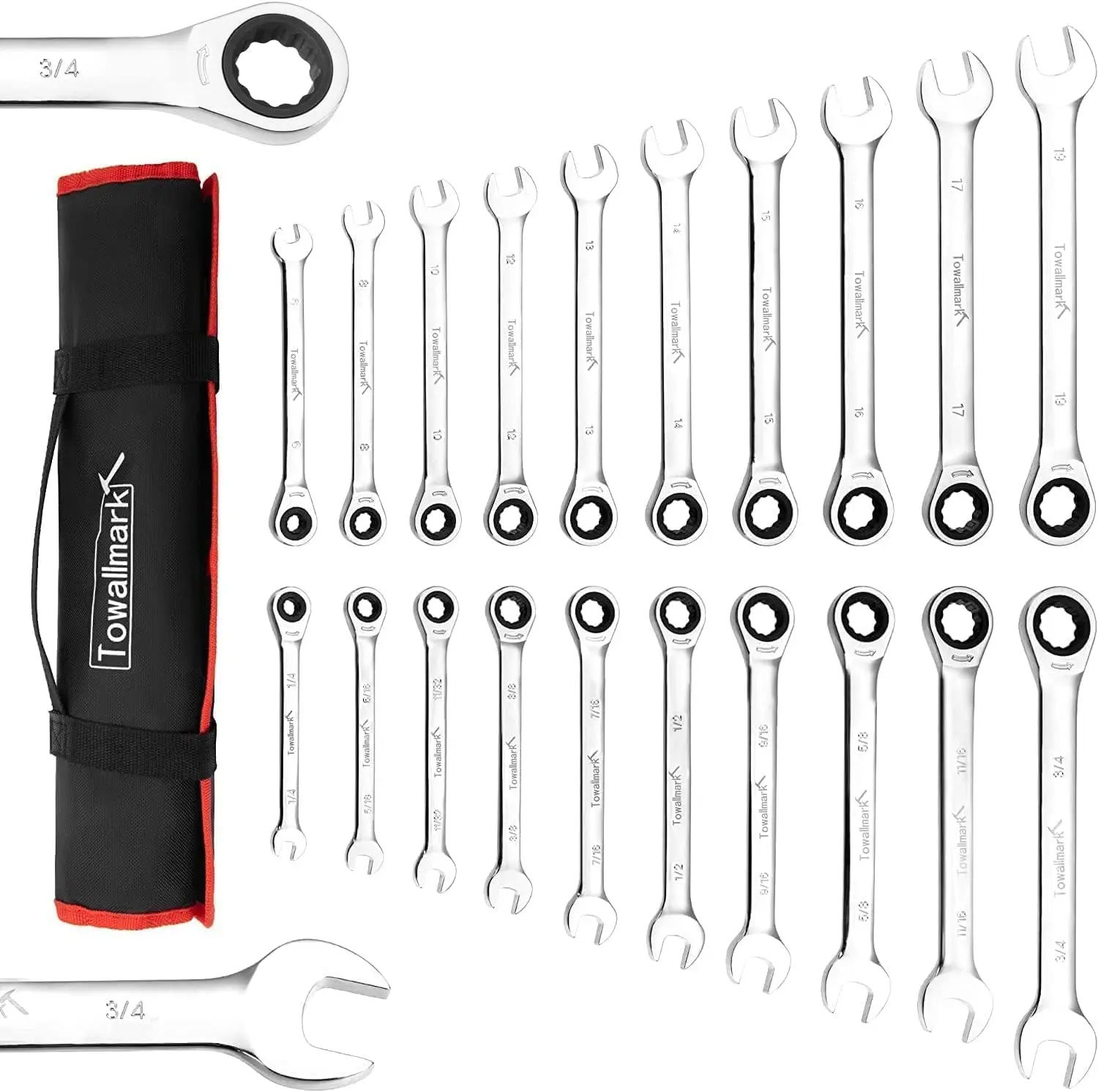 20-Piece Ratcheting Combination Wrench Set,Fixed Head&72 Teeth, SAE1/4-3/4"&Metric 6-19mm,Chrome Vanadium Steel with Storage Bag