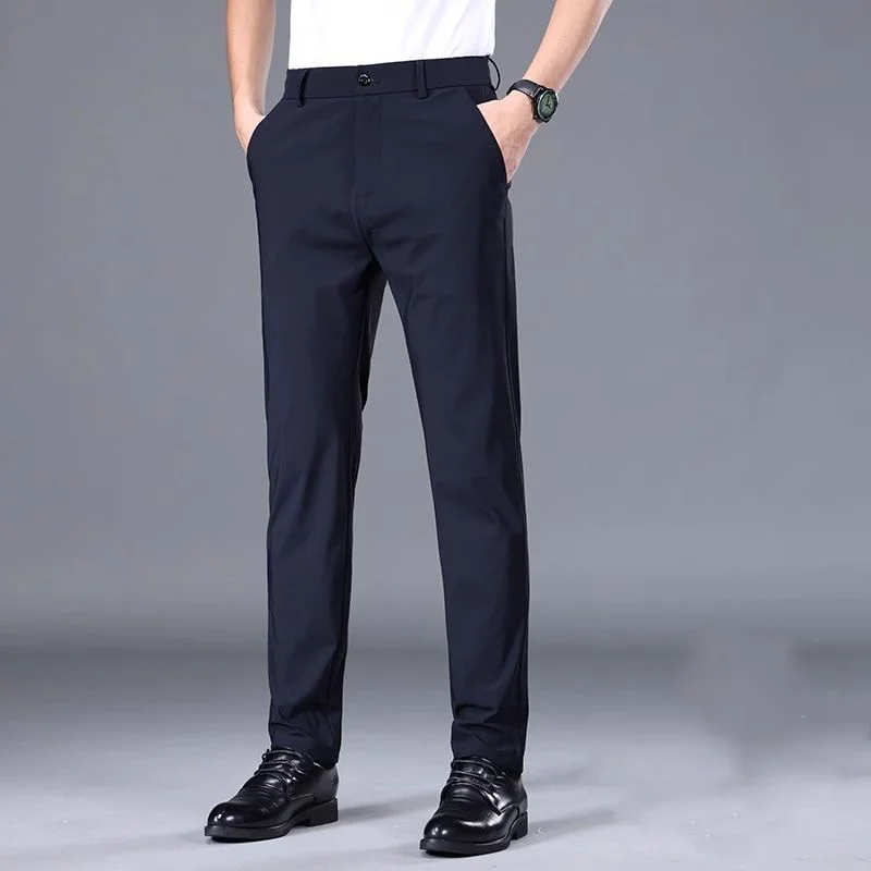 2024 Summer Ice Shreds Men Casual Pants Elastic Force Slim Straight Cylinder Commerce Trousers Solid Color All-match Long Pants