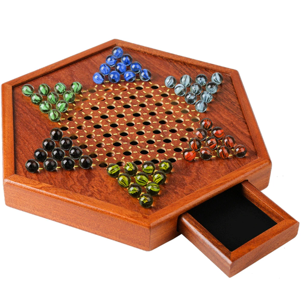 

Portable Chinese Checkers Board Game with Marbles Wooden Board Game Hex Chinese Checkers Family Game Set Drawer Storage