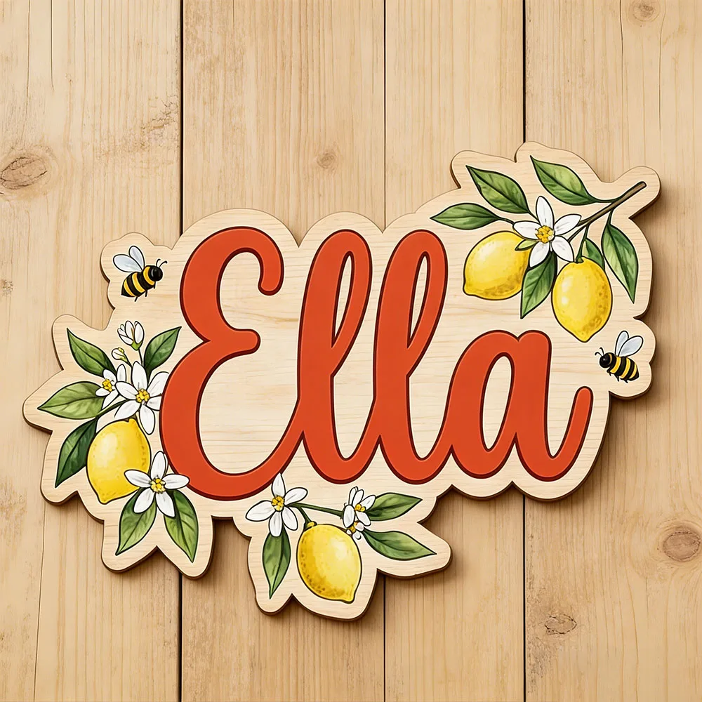 Customizable Lemon Blossom Bee Wooden Sign Personalized Rustic Floral Name Door Hanger for Kids Wall Art Baby Shower Decor