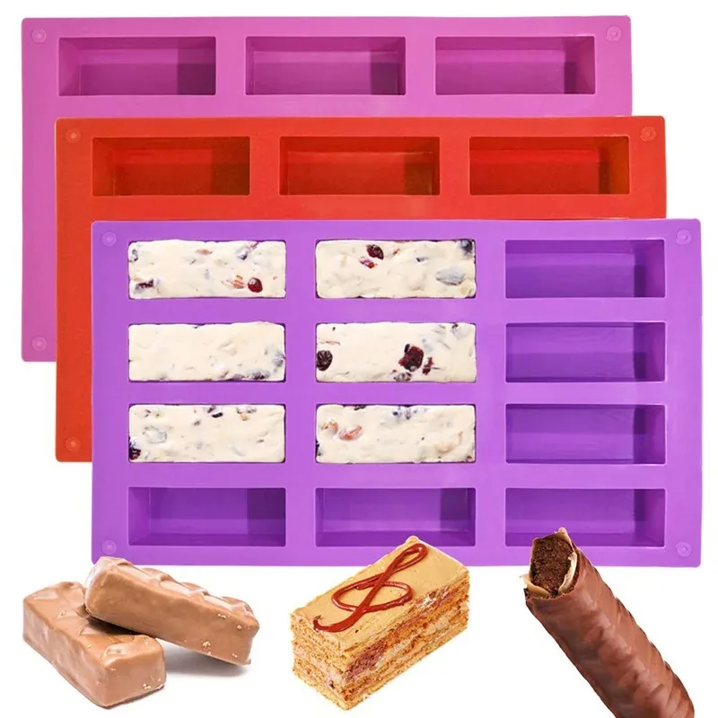 Molde de Silicona para Barras de Granola de Color Aleatorio, Moldes Rectangulares de 12 Cavidades para Barras Energéticas, Moldes de Silicona para Hornear Barras de Granola Grandes