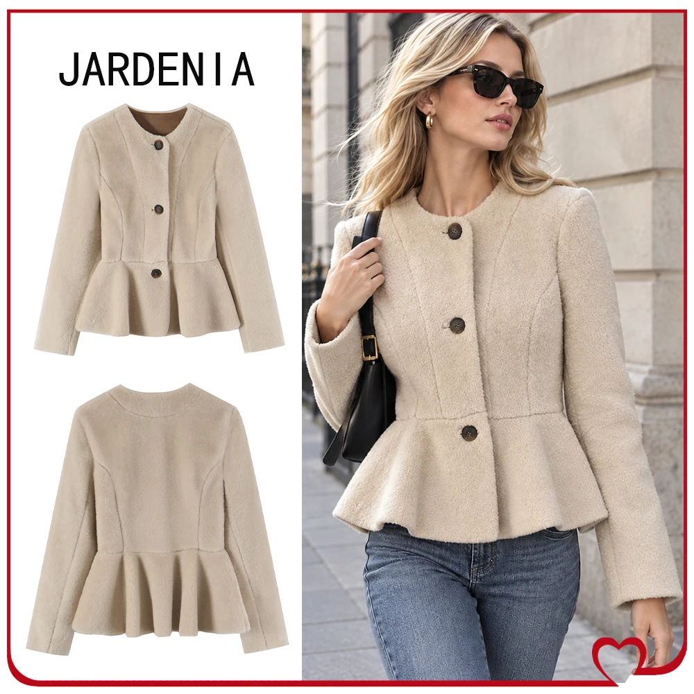 Women's Faux Fur Peplum Jacket Autumn & Winter Round Neck Jacket with Long Sleeves Elegant Chic Buttoned Jackets with Flared Hem