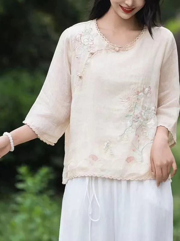 2025年夏新作 レディース 刺繍入り コットンリネン イルト 重工業風 中国禅 スレ 斜めフラップボタン ルーズフィットトップ