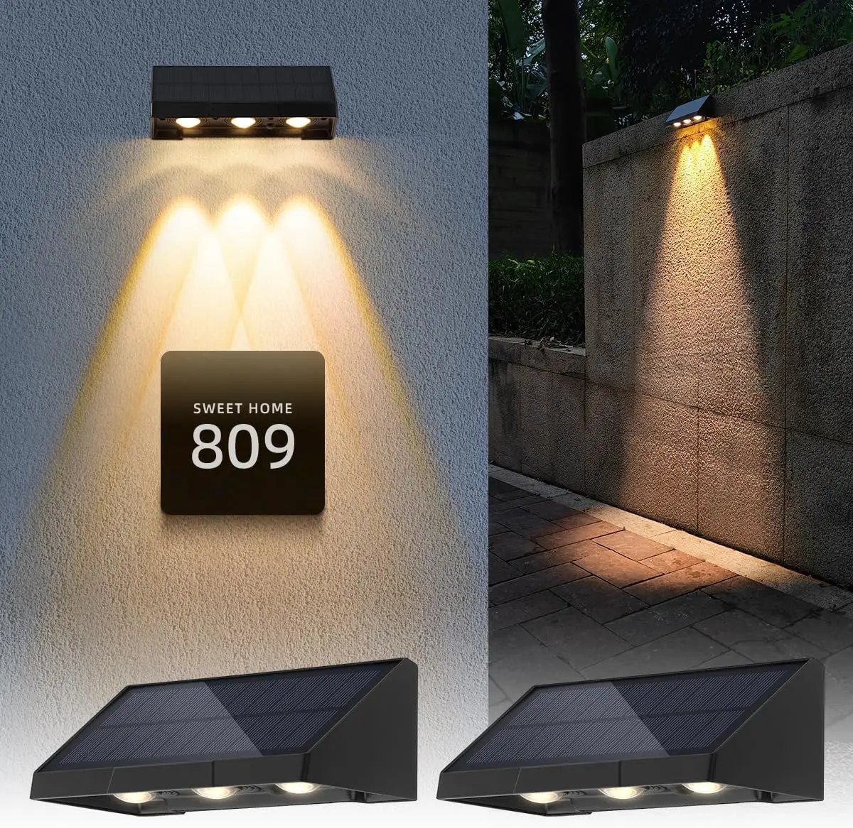 

Настенные светильники на солнечных батареях для улицы, 3 светодиодных линз, водонепроницаемые теплые белые, от сумерения до рассвета, 2 шт.