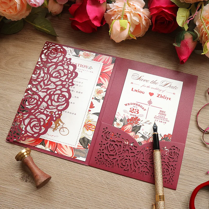 (50 pieces/lot) Laser Cut Rose Burgundy Wedding Invitations Tri-Fold Customized Birthday Greeting Card With Thank You Card IC132