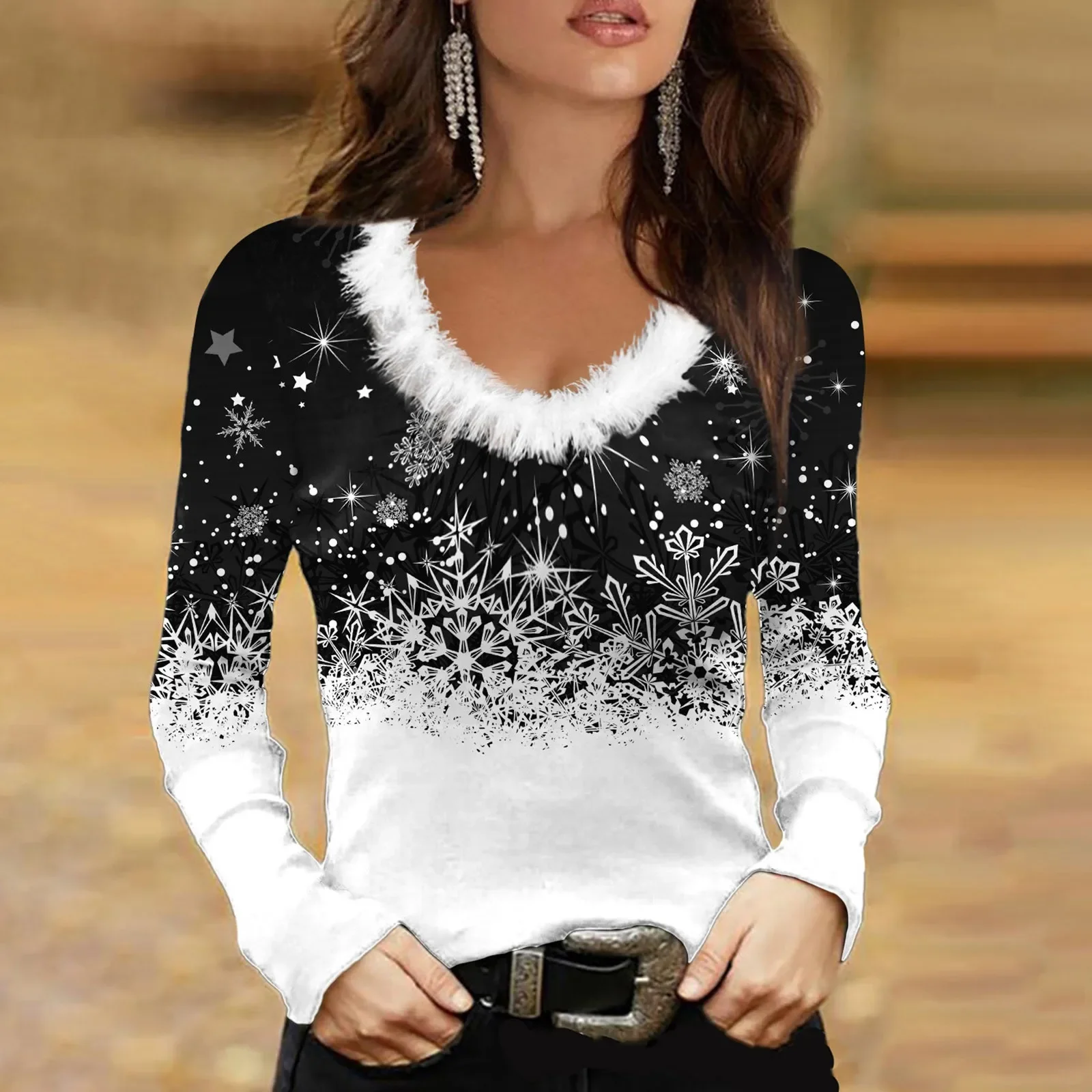 Sudadera de manga larga con cuello de piel para mujer, blusa de fiesta de felpa con cuello en V, camiseta delgada con estampado navideño, otoño e invierno, nueva