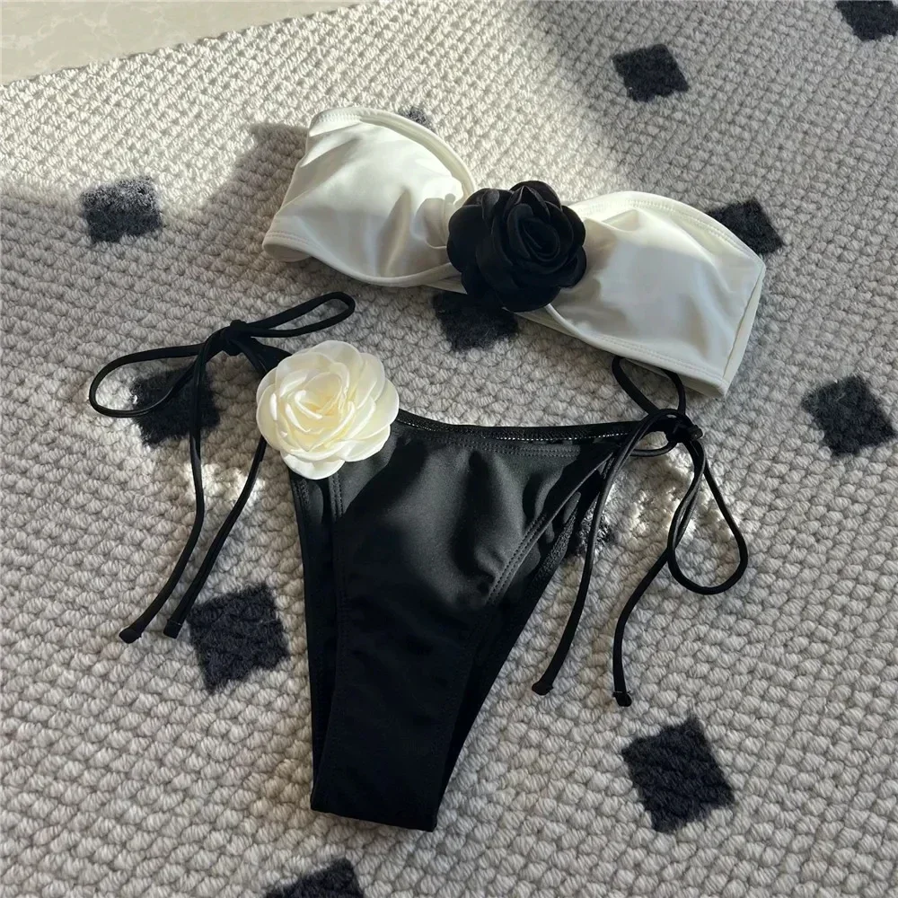 

Новый сексуальный цветочный бандо, модель 2024 года, женские купальники на шнуровке, купальный костюм, комплект бикини, женский купальный костюм