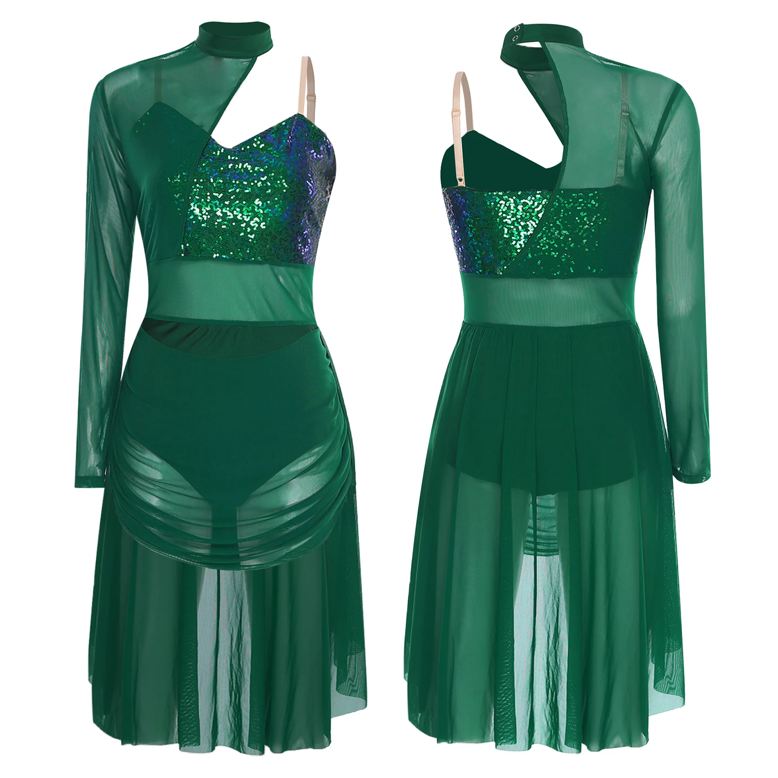 

Women Contemporary Lyrical Dance Dress Adjustable Spaghetti Strap One Shoulder Sparkly Sequins See-through Mesh Skirted Leotard