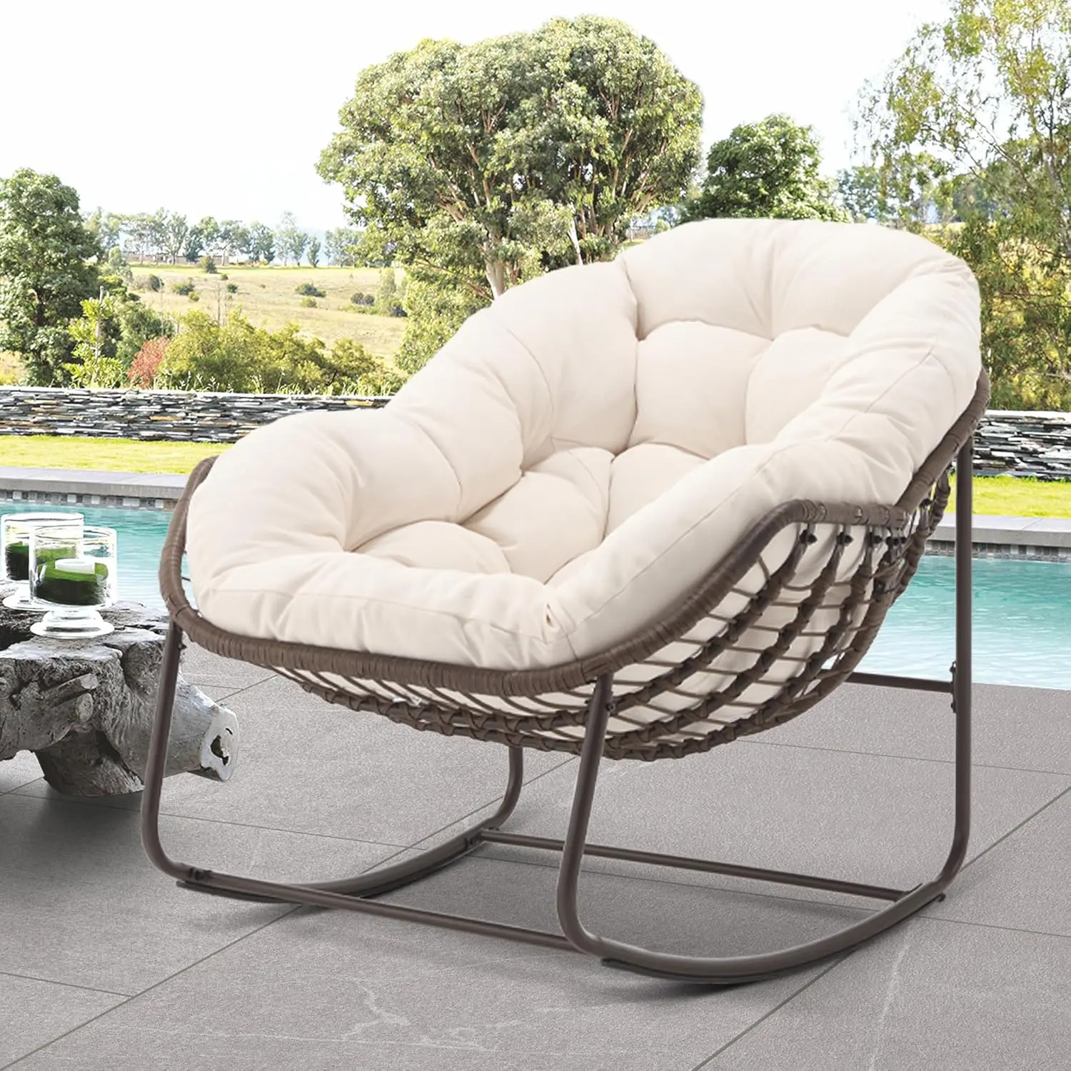 Papasan Rocking Chair - Oversized Comfy Patio Chair Indoor Egg Royal Rattan Rocking Chair with Cushion for Front Porch Lounge La