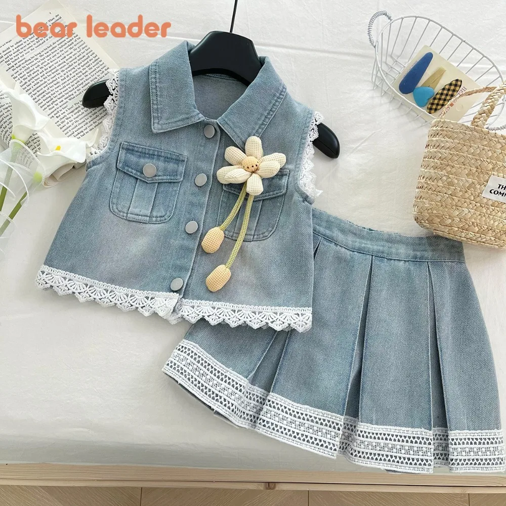 

Bear Leader Two-piece Set Blue Summer Korean Version Girls' Clothing Denim Little Fashion Lace Vest Sleeveless Top+ Half Skirt