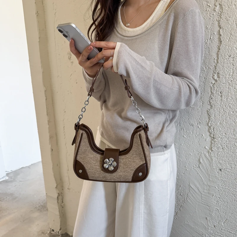 Vintage Patchwork Design Women's Shoulder Bags Top Quality PU Leather Underarm Bag Fashion Chains Small Handbags and Purses
