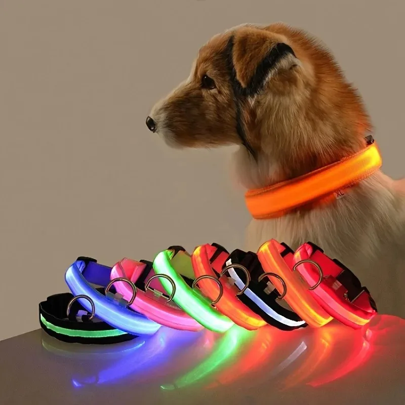 Nylon LED Night Safety Flashing Glow In The Dark Dog Leash Dogs LED Luminous Fluorescent Pet Dog Collar Night Warning Dog Collar