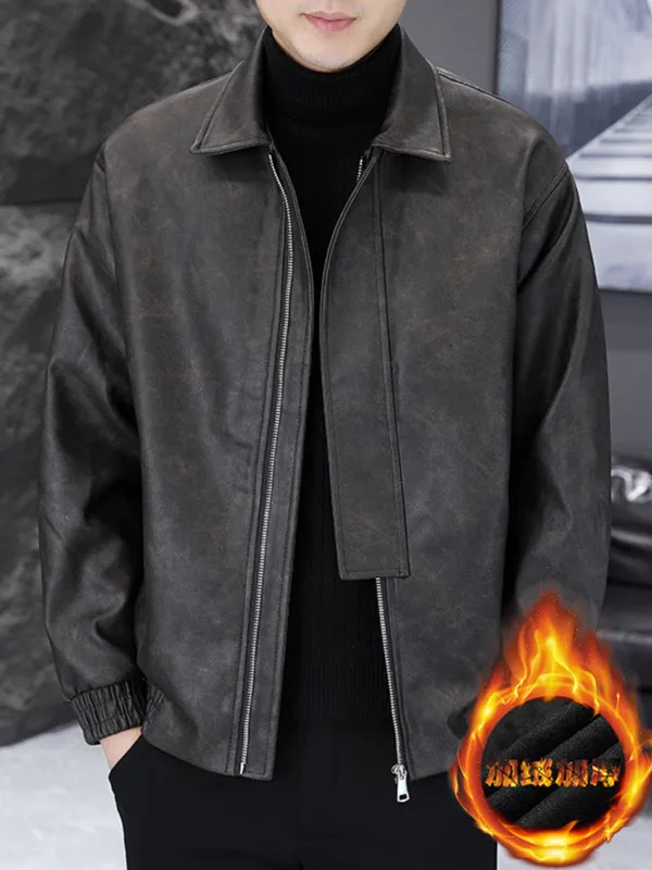 

Men's Fce Lined Leather Jaet Autumn Winter Faion Casual Wear eepskin Cotton Coat Busin Casual Sle Youth Loose Fit