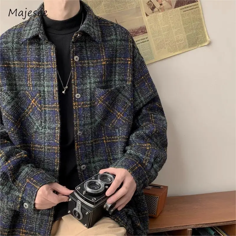 Men Jackets Japanese Style Retro Plaid Classic Dress Up Stylish Chic Streetwear Comfortable Vitality Outwear Autumn Teenagers