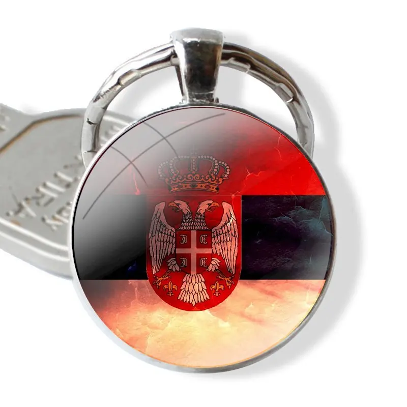 Fashion Creative Design Cartoon Keychain Handmade Glass Cabochon Key Ring Holder Pendant Key Chains Serbia Flag