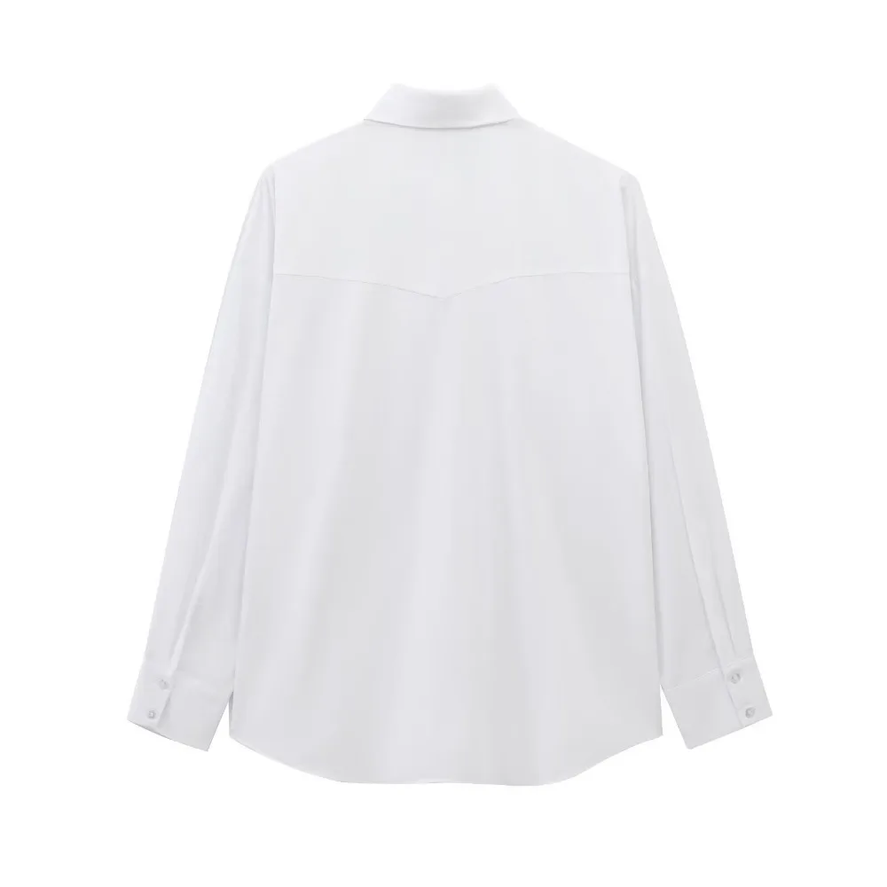 Damen Popeline Nietenhemd Loses Revers Langarm Einreihige Volltonfarbe Pendlerbluse Frühling Sommer Neues weibliches schickes Top