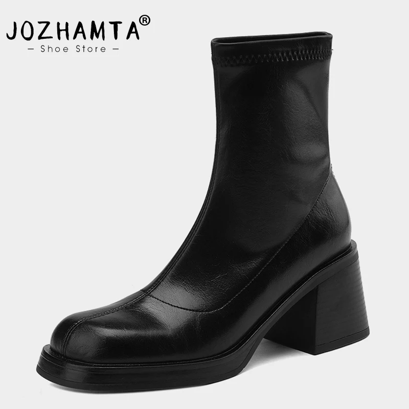 JOZHAMTA Size 34-40 Ankle Boots For Women Leather Thick High Heels Winter Shoes Woman Retro Elastic Boots Casual Office Ladies