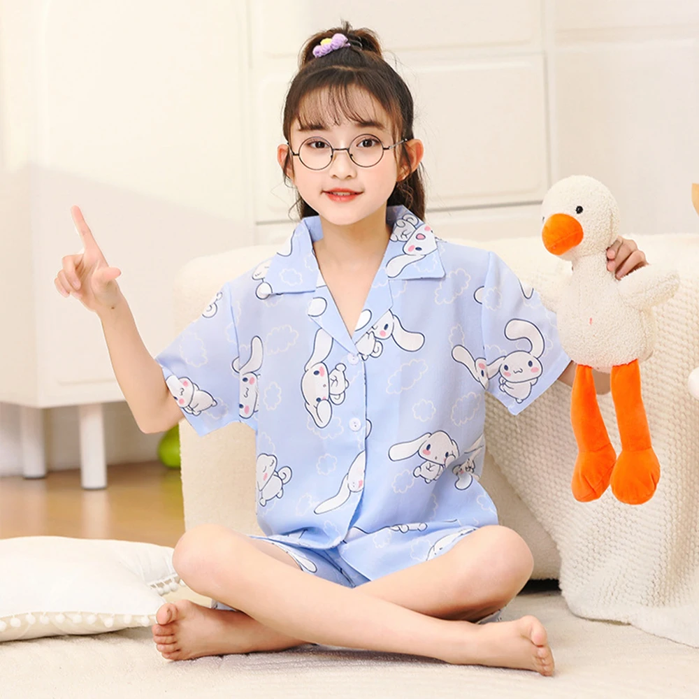 Children's Pajamas Sets Anime Cinnamoroll Kuromi Melody New Summer Cute Kids Cardigan Short Sleeve Sleepwear Girls Boys Homewear