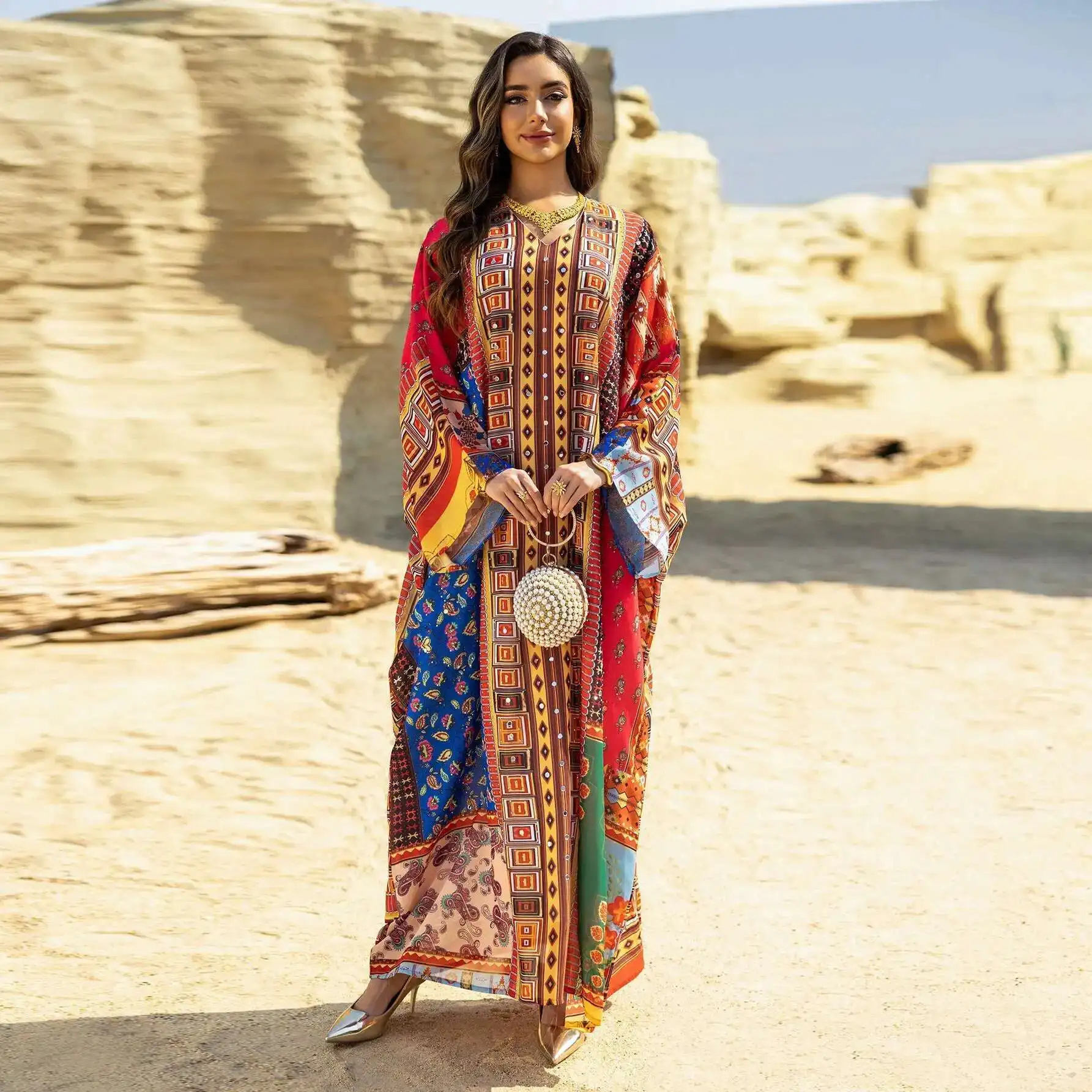 

Dubai Ab472 Spring Summer New Printed Rhinestone Heavy Embroidery Loose Fashion Jalabiya Dress Dubai Luxury Islam Elegant