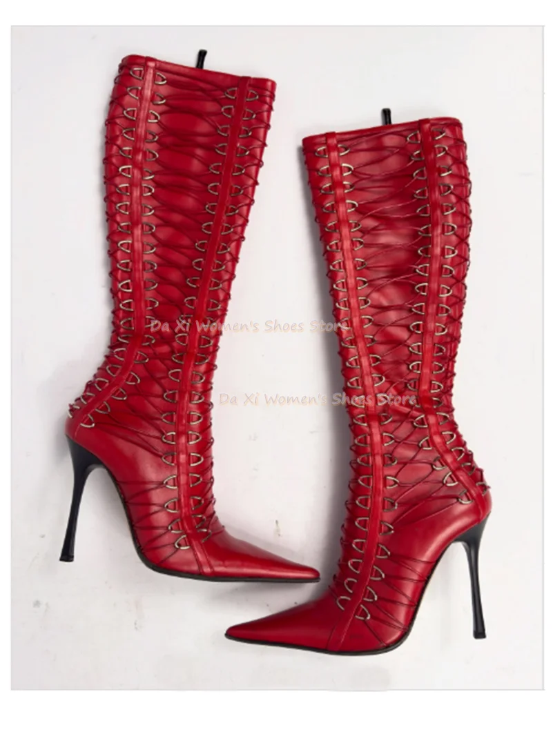 Multiple Thin Strap Combination Crisscross Straps Knee-High Boots Pointed Tip Stiletto Heels Side Zipper Women's Winter Boots