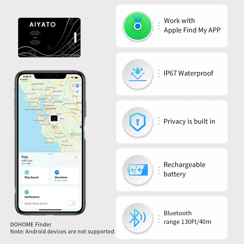 Aiyato Smart GPS Tracker Card Magnetic Charge Locator Key Wallet Tracker Pet Kids Phone Finder Waterproof For Apple Find My App