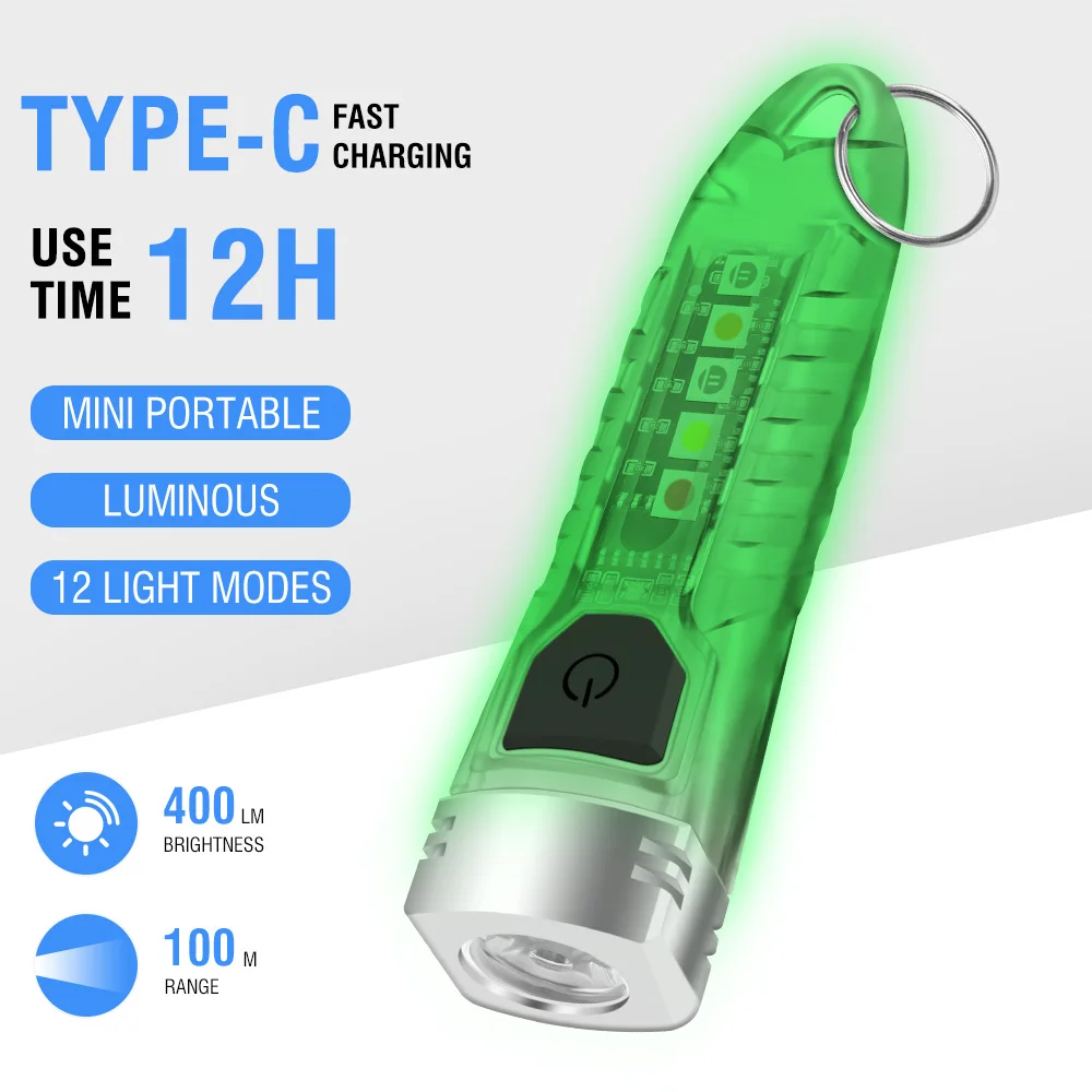 BORUiT V1 LED Keychain Portable Fluorescent EDC Flashlight Work Light Type-C Rechargeable Mini Torch UV Camping Pocket Lantern