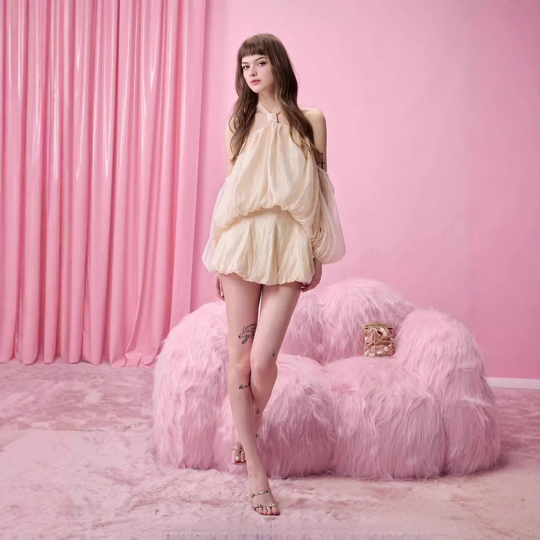 Sommer Neckholder Lace-up Mesh rückenfreies kurzes Kleid Mode einfarbig Langarm Urlaub Kleider Promi Club Party Outfits