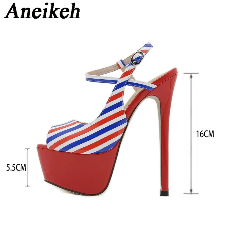 Aneikeh Fashion Color Striped Stiletto Heel Platform Women\'s Sandals Buckle Strap Nightclub Party Shoes Zapatillas De Mujer