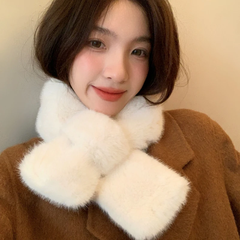 Plush Cross Scarf Faux Rabbit Fur Thickened Soft Scarves Solid Color Autumn Winter Cold Resistant Women Neck Warmer Collar Scarf