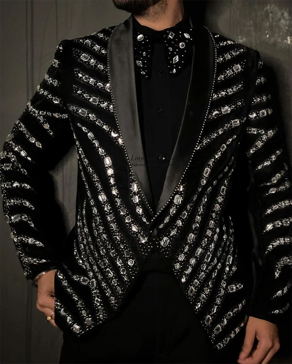 Luxury Metal Embellished Tuxedos Men Suits 2 Pieces Sets Groom Shiny Beads Male Prom Blazers Slim Fit Business Costume Homme
