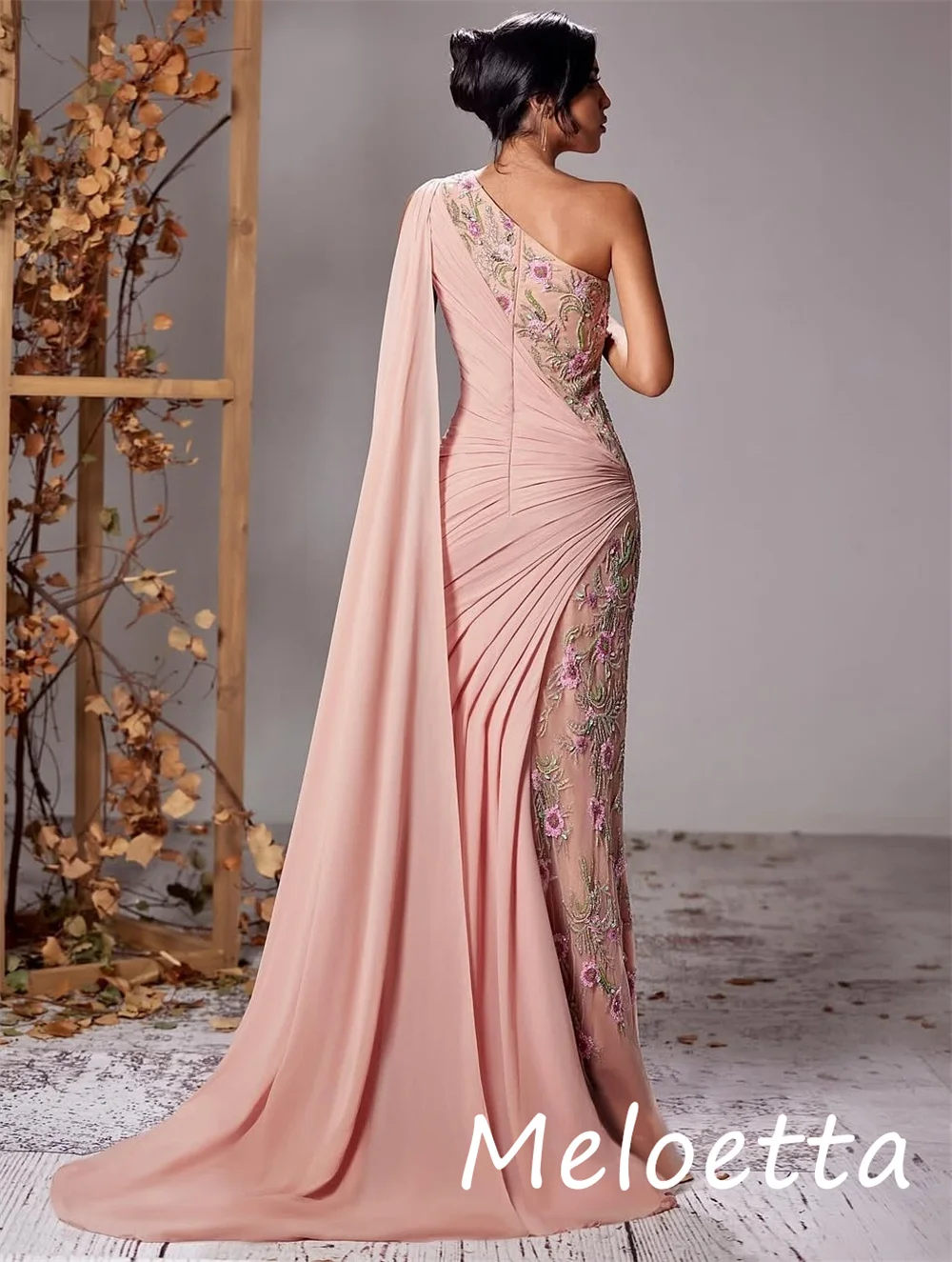 Customized Pastrol Unisex Chiffon Flower Pleat Trumpet One-shoulder Long Dresses Bespoke Occasion Simple image 3