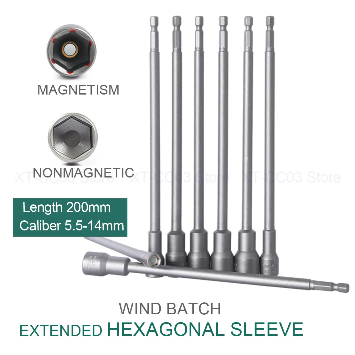 1Set 200mm Extended Batch Hexagonal Sleeve Caliber 5.5-14mm Shank 1/4