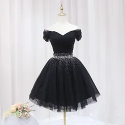 Black Short Evening Dresses Elegant Off The Shoulder Sequin Tulle Ball Gown Dress Lace Up Simple Vestido De Noche Customized