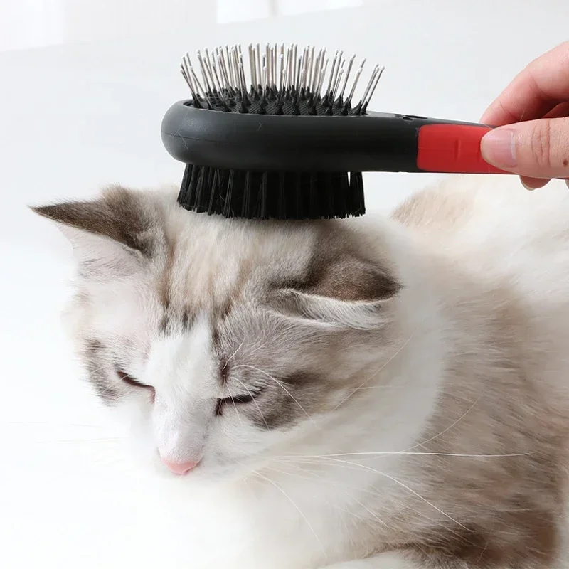 Peine de doble cara para mascotas, cepillo de pelo largo, mango de plástico, cepillo de baño de masaje para cachorros y gatos, herramienta de aseo