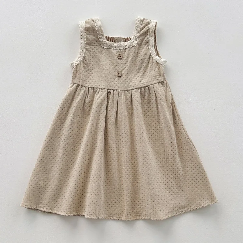 2025 Summer New Forest Vintage Lace Edge Girls' Dress Korean Edition Polka Dot Sleeveless Tank Top Skirt Children's Skirt