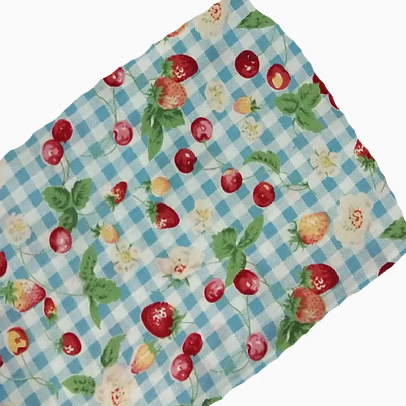 Graceful Blue Check Strawberry Cherry Flower Printed Cotton Poplin Fabric Floral Poplin Fabric 48x140cm Baby Cloth Dress Patchwo