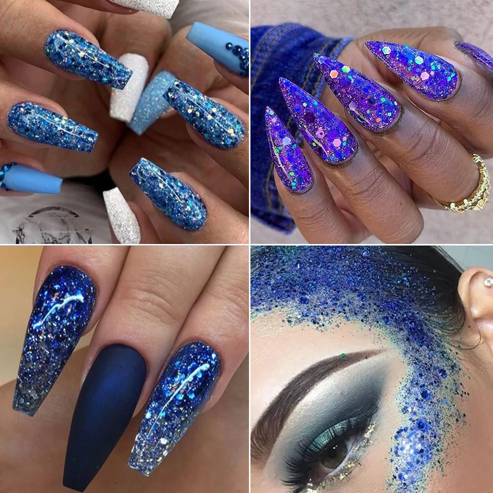 4Pcs Blue Mixed Hexagon Nail Art Glitter Sequins Holographic Sparkly Chrome Flake Slices DIY Manicure Chunky Pailette Decoration