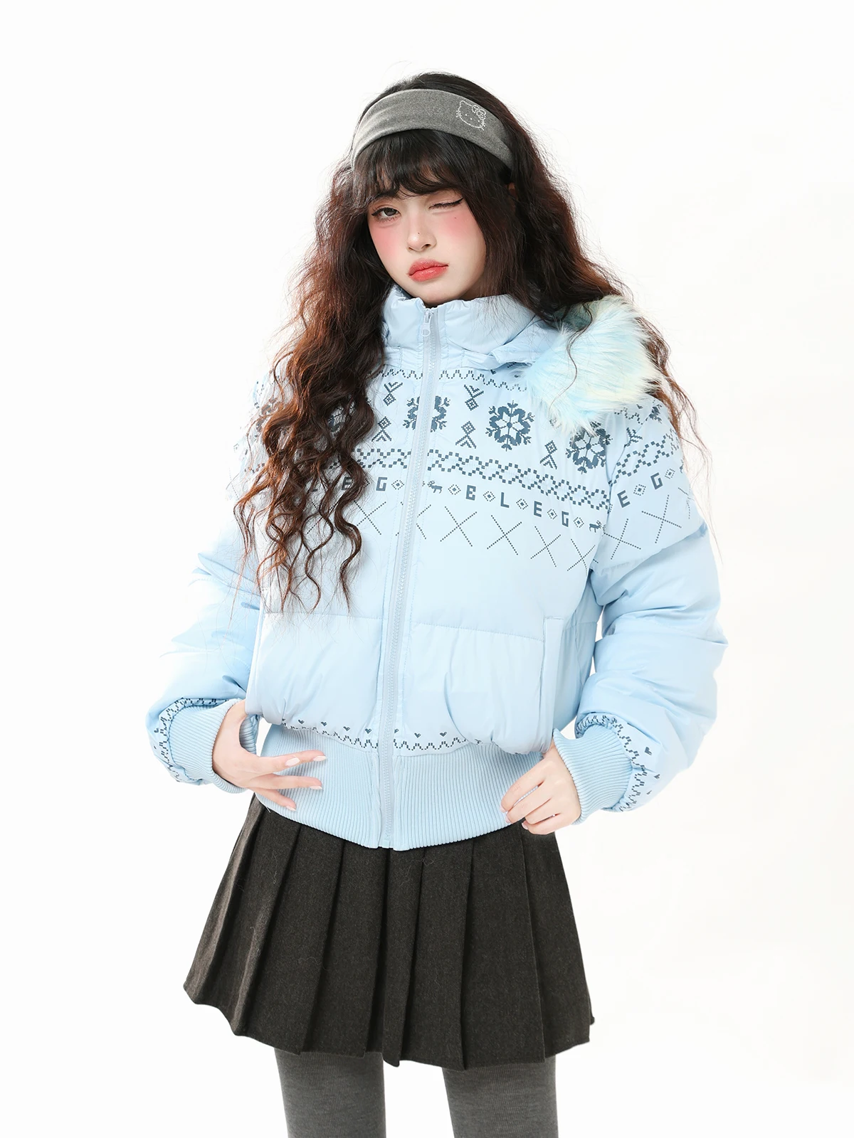 

ENJOG American Fair Isle Print Fur Collar Cotton Jaet Women Winter Thiened Loose Hooded ort Outerwear INS Sle