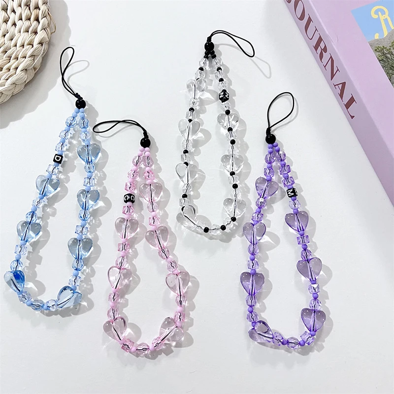 Y2K Love Heart Bead Phone Lanyard Simple Clear Beads Phone Strap Keychain Anti Lost Phone Chain Wristband Camera Charms