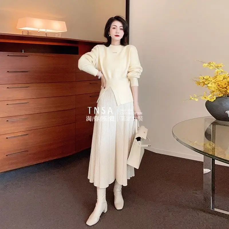 Covering the flesh and showing sweater skirt thin and wide feeling skirt new high waist A-line solid casual mid-length skirt