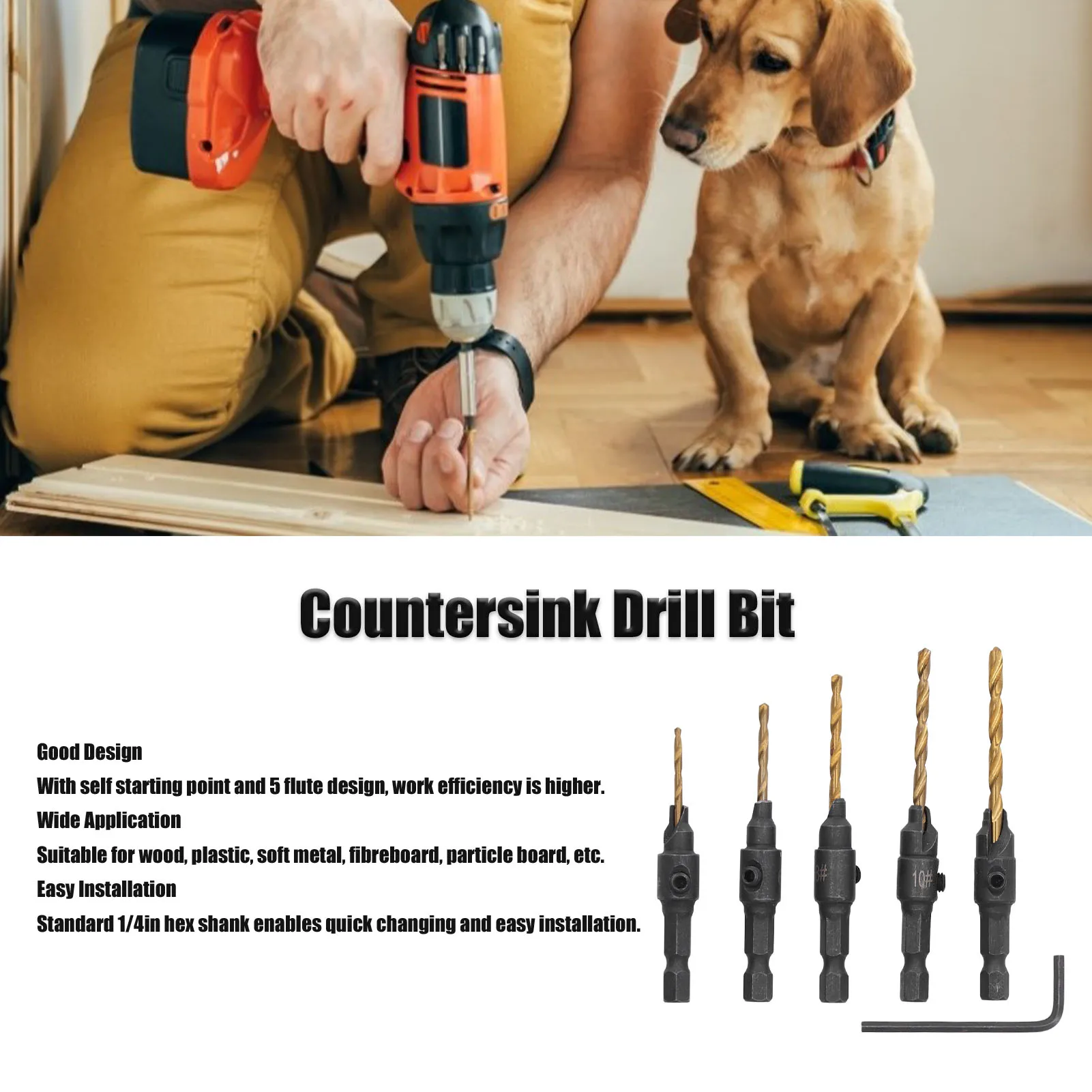 

5Pcs HSS Countersink Drill Bit Set 1/4 Inch Hex Shank Woodworking Chamfer Drilling Tool Wood Hole Deburring Processing Bits