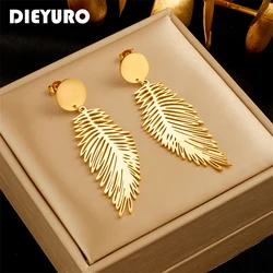 DIEYURO 316L Stainless Steel Gold Color Feather Drop Earrings For Women Girl Fashion Non-fading Ear Jewelry Gift Party Серьги